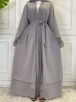 Dubai Abaya Style Gray Chiffon Midi Kaftan Tunic Dress Ramadan Islamic Dresses • $23.91