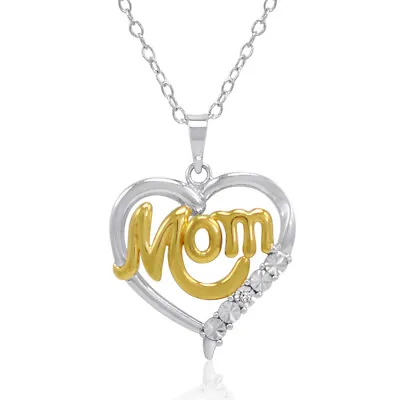 14K Gold Plated Mom In Heart Diamond Pendant Necklace In Sterling Silver • $29.95