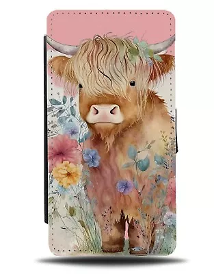 Highland Cow Flip Wallet Case Flowers Scottish High Land Cattle Cows Pink AT31 • £19.99