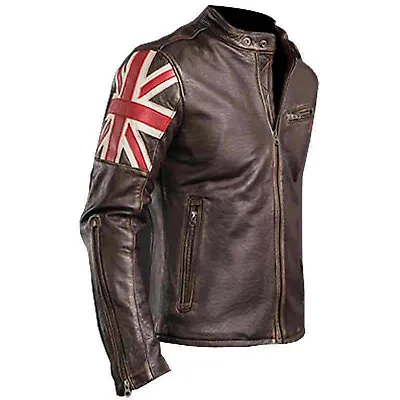 Vintage UK Flag Flying Union Jack Biker Cafe Racer Motorcylce Men Leather Jacket • £43.99