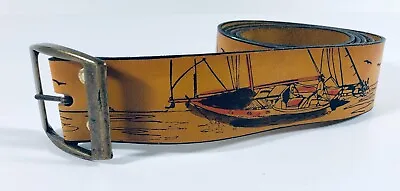 VINTAGE Leather Belt Yachting Scene Sailboat Seagull Ship King Size Co. Size 56 • $34.95