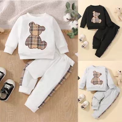 Baby Boys Girls Bear Jumper Sweatshirt Tops Pants Kids Clothes Outfit Set 0-24 M • £8.54