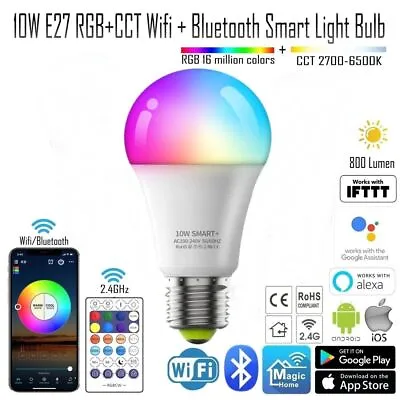 10W E27 WIFI Bluetooth APP RGBW RGB CCT Smart LED Light Bulb Lamp 2.4G Remote • $3.31