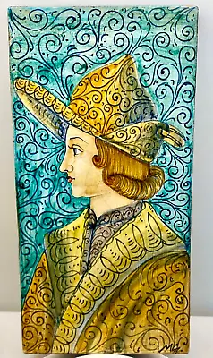 ARTWORK VINTAGE 70s Vietri Italian Glazed Terracotta Tiles Medieval Gentleman VG • £182.12