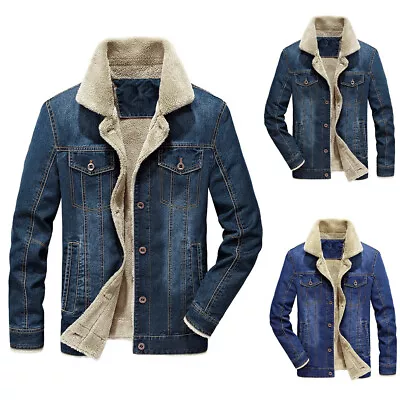 £33.39 • Buy Mens Faux Fur Lined Trucker Denim Jacket Thick Winter Warm Jeans Coat Overcoat