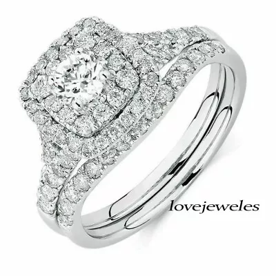 925 Sterling Silver 3CT Real Round Moissanite Halo Engagement Wedding Ring Set • $198.52