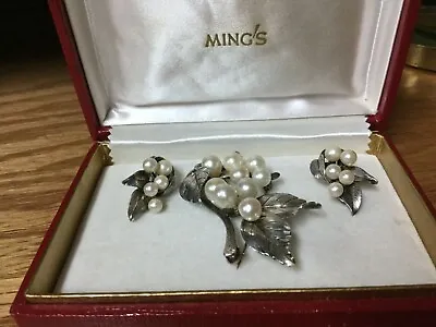Vintage Ming's Of Hawaii Silver & Sea Pearl Pin & Matching Earrings • $299.99
