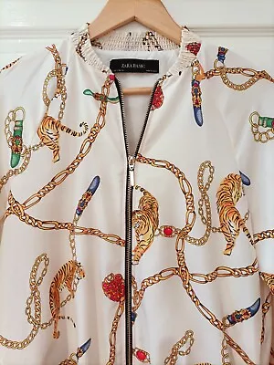 ZARA Bomber Jacket Cream With ChainTiger Jewels Print! Size S New Has Pockets  • $36