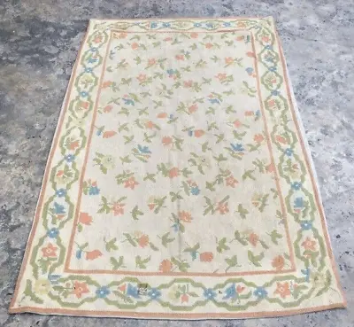 Vintage French Aubusson Hand Knotted Rug Needlepoint Floral Kilim Rug 170x106 Cm • £189