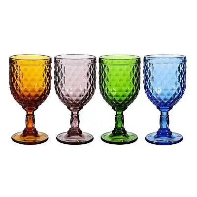 Vintage Style Colored Glass Water Goblet Set Of 4 Multi Colors Drinking Glasses • $37.99