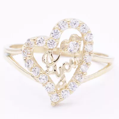 Women's Small Heart I Love You CZ Engagement Ring Real Solid 10K Yellow Gold  • $142.99