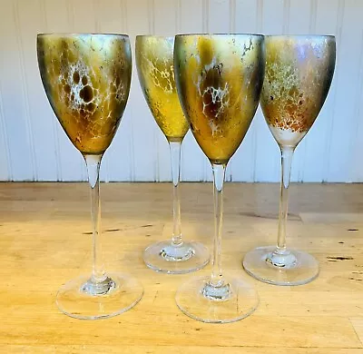 Steven Maslach 4 Vintage Art Glass Iridescent Wine Stems Glasses 1978 • $295