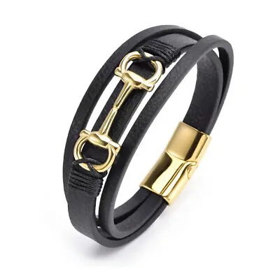 HORSE & WESTERN JEWELLERY JEWELRY  LEATHER SNAFFLE BIT BRACELET BLACK GOLD B • £15.65