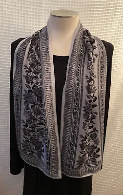 Ellen Tracy Silk Scarf Gray With Black & Gray Floral Rectangle Pre-Owned • $22