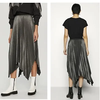 Allsaints Silver Metallic Jas Shimmer Asymmetric Pleated Skirt US 2 • $89