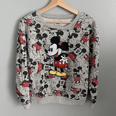 Disney Mickey Mouse Sweatshirt Womens Medium All Over Print Mickey Appliqué AOP • $13