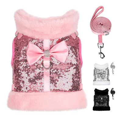 £11.99 • Buy Winter Warm Fur Pet Dog Harness & Lead Set Bling Sequins Cat Puppy Vest Jacket