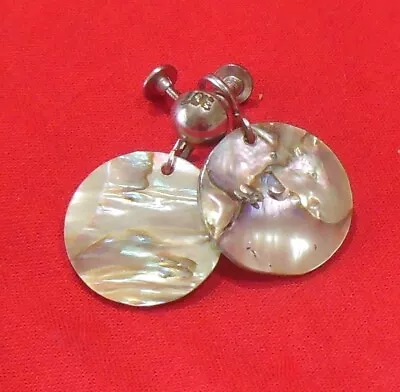 Silver-tone Round Abalone Shell Dangle Screw Back Earrings • $12.99