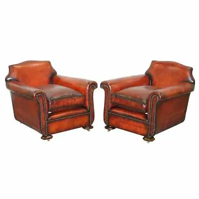 Sublime Pair Of Art Deco Fully Restored Whisky Brown Leather Club Armchairs • $6316.25