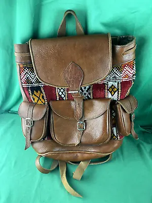 Handcrafted Moroccan Leather Bag Backpack Boho Chic Carpet Rug Small • $39.99