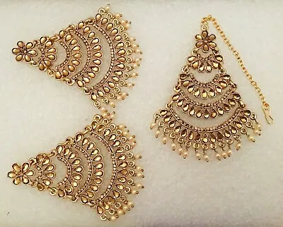 Kundan Gold Pearl Maang Tikka Earring Set Bollywood Indian Bridal Jewelry M-1 • $12.38