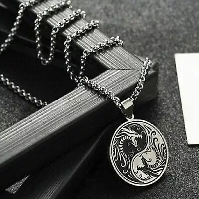 Mens Stainless Steel Protection Amulet Dragon Yin Ying Yang Pendant Necklace Men • £7.68