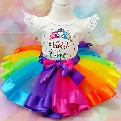 First 1st Birthday Outfit Rainbow Cake Smash Party Dress Ribbon Tutu 1 One Gift  • £23.99