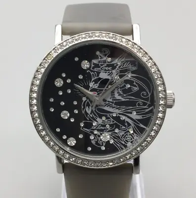 Ed Hardy Watch Women Silver Tone Black Bird Dial Pave Bling New Battery • $26.99