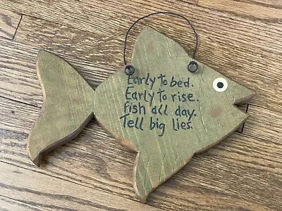 Handmade Wood Fish Early To Bed Rustic Primitive Cabin Decor Green Wall Hanging • $12