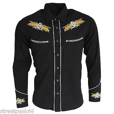 Relco Black Yellow Rockabilly Biker Western Skull Flamed Embroidered Shirt • £44.99