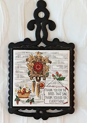 Vintage Tile Trivet  Thankful Scripture Cast Iron Ceramic Birds Cuckoo Clock • $18.81