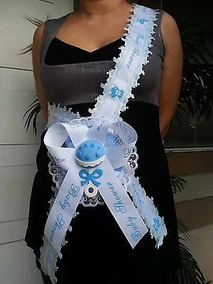 Baby Shower Mom To Be It's A Boy Sash Blue With Rattle Ribbon With Corsage  • $16.99