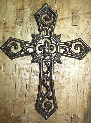 Cast Iron VICTORIAN STYLE Fleur De Lis Wall Cross Rustic Decorative Finish Decor • $6.99