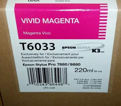 GENUINE EPSON T6033 VIVID MAGENTA 220ml INK STYLUS 7880 9880 Date: 2022/12 • $39.95