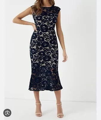 Lipsy All Over Lace Flute Hem Navy Midi Dress - 8 • £16.50