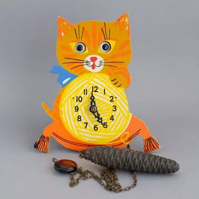 Vintage WOODEN Novelty CAT CLOCK With MOVING EYES West German FOR RESTORATION • $13.06