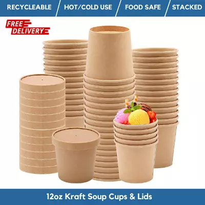 Disposable Soup Bowls Kraft Paper Soups Cups With Lids Takeaway Ice Cream Pots • £10.89