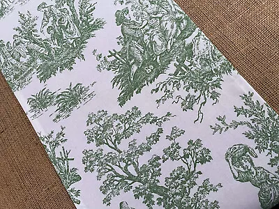 Green Toile Table Runner Colonial French Home Decor Vintage Dining Room Linens • $22