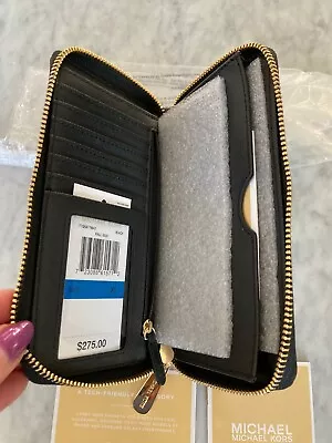 Michael Kors Jet Set Large Travel Continental Wallet Black Leather Gold • $65