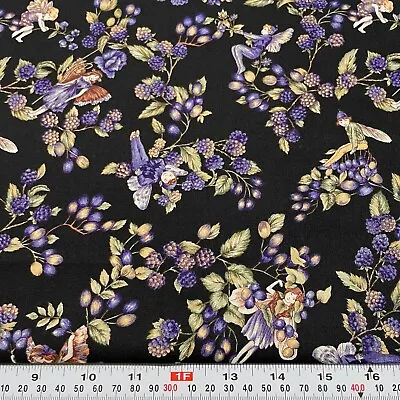 Vintage Flower Fairies 2 Rose & Hubble Black Cotton Fabric Half Yard Remnant • $8