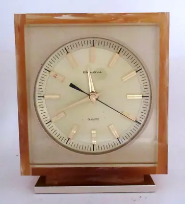 Vintage MCM Mid Century Bulova Butterscotch Swirl Lucite Electric Mantel Clock • $226.79