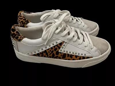 ZARA White Leather Sneakers With Grey Suede Leopard Print & Stud Details Size 9 • $26.50