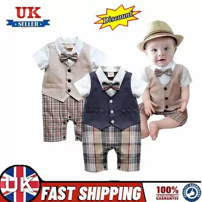 Baby Boys Bowtie Gentleman Romper Jumpsuit Tuxedo Rompers Formal Outfit • £11.99