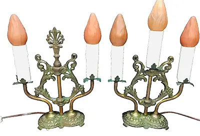 Pair Of Vintage 1920's Art Deco Candelabra Lamps Cast Iron Rich Patina • $245