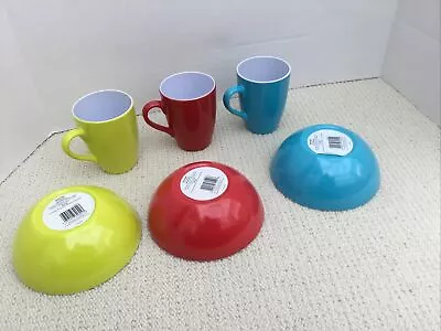 Set Of X 3 Melamine Picnic Mugs & Picnic Bowls Colours Red Blue & Lime Green • £9