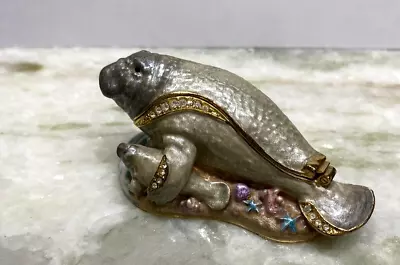 Vintage Cute Jeweled Trinket Enamel Box Manatees Walrus  With Babe Ornament 3  • $33.50