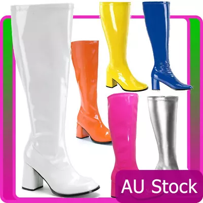 Womens Go Go Knee High White Gogo Boots Hippie Hippy 60s 70s Disco Costume Shoes • $47.49