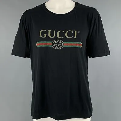 GUCCI Size XXL Black Logo Cotton Crew-Neck T-shirt • $374