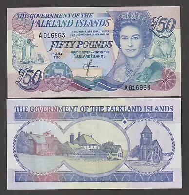 UNC Falkland Islands £50 Fifty Pounds Banknote 1990 British Queen Elizabeth QE2. • £84.95