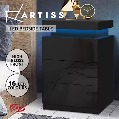 Artiss Bedside Tables 3 Drawers Side Table RGB LED Gloss Nightstand Black COLEY • $96.95